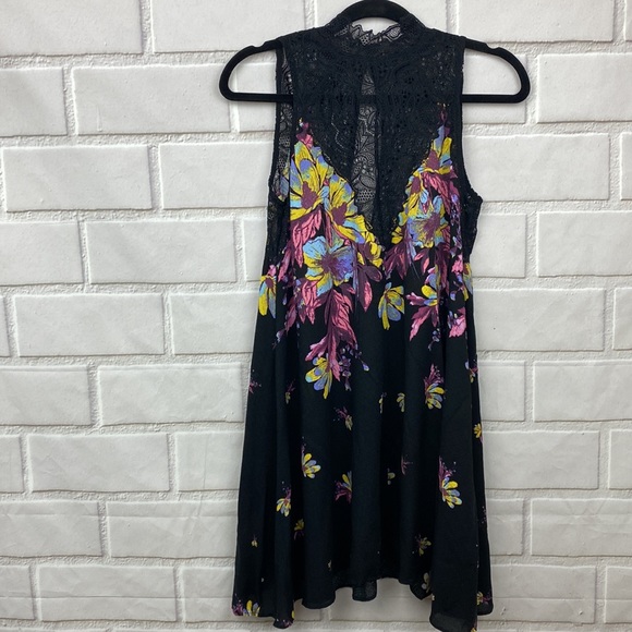 Free People Marsha Printed Lace Neck Onyx Combo Black High Neck Floral Dress XS - Picture 6 of 11